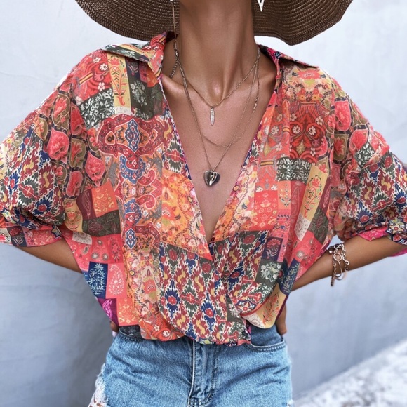 Boho Floral Print Tribal Oversized Blouse Red 90s - Picture 1 of 5
